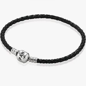 PANDORA Black Braided Double Wrap Leather Bracelet with Silver Clasp and Charm